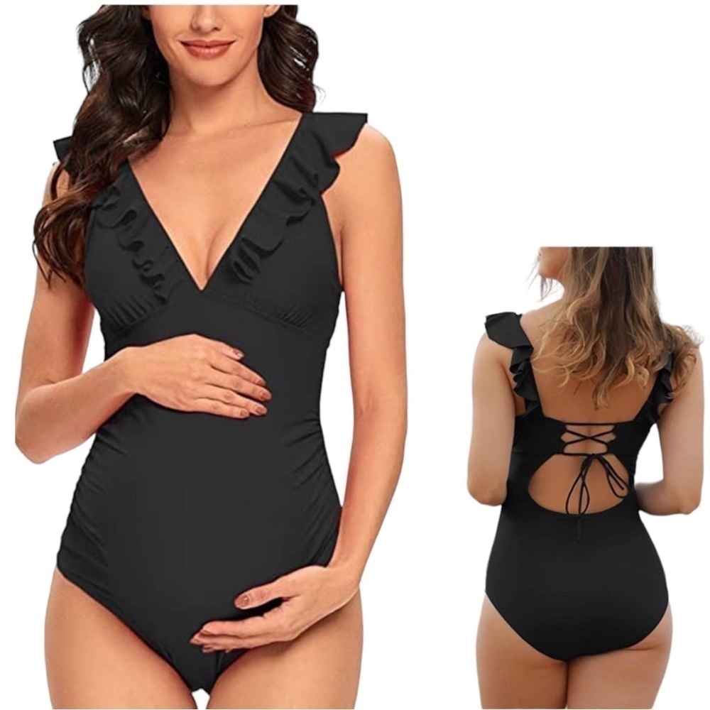 Zoila Maternity Swimsuit One Piece Ruffled V-Neck Black Strappy Back Siz…